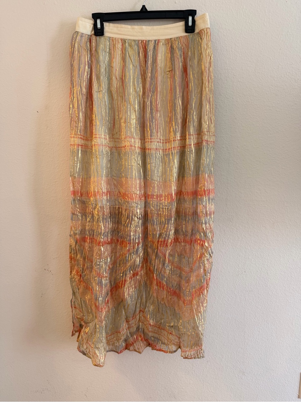 Anthropologie Metallic Striped Crinkled Maxi Skirt - Cream & Coral, Size Medium